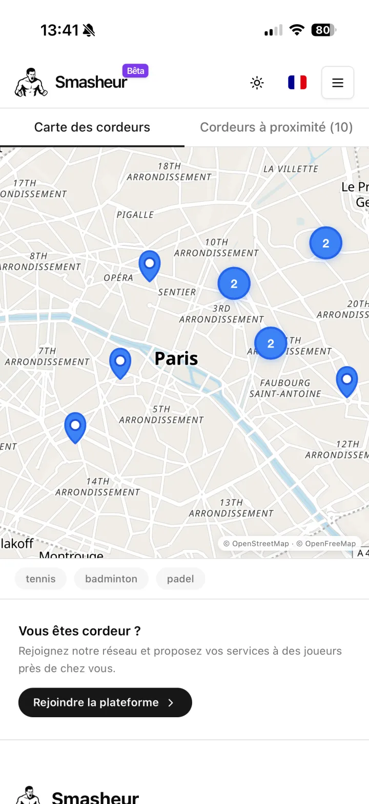 Application Smasheur – recherche de cordeurs de badminton sur carte